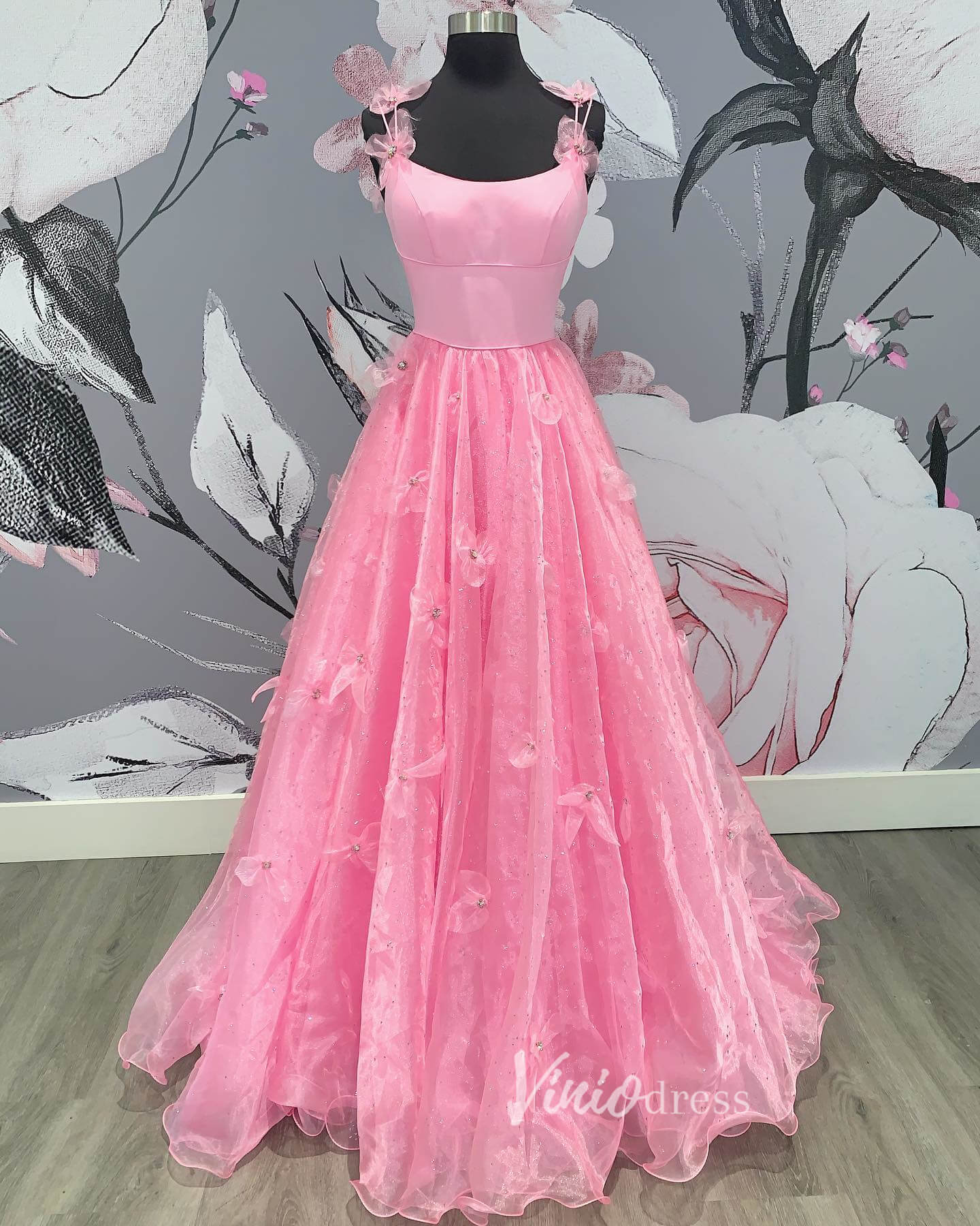 Spaghetti Strap Lavender Organza Prom Dresses with 3D Flowers FD1016B-prom dresses 2025 -Viniodress-Pink-Custom Size-