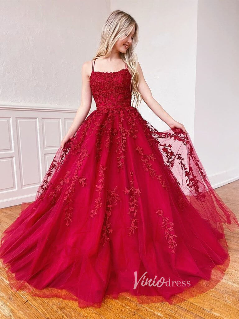 Spaghetti Strap Long Prom Dresses Lace-Up Back FD1265B-prom dresses 2025 -Viniodress-Dark Red-Custom Size-