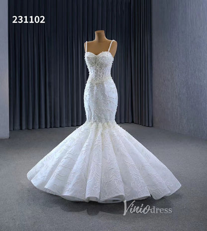Spaghetti Strap Pearl Mermaid Wedding Dresses Plus Size 231102-wedding dresses 2025 -Viniodress-Ivory-Custom Size-