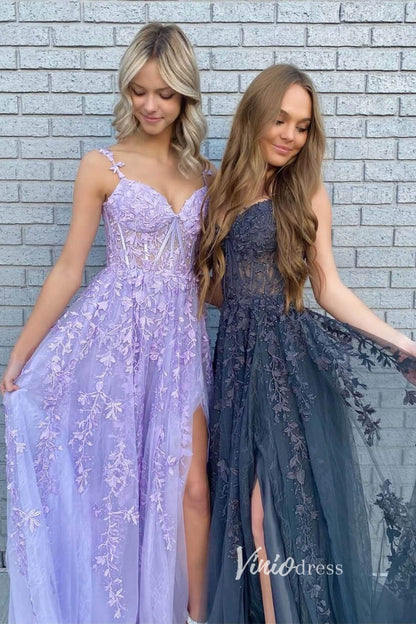 Spaghetti Strap Red Lace Prom Dresses with High Slit FD1348B-prom dresses 2025 -Viniodress-Lavender-Custom Size-
