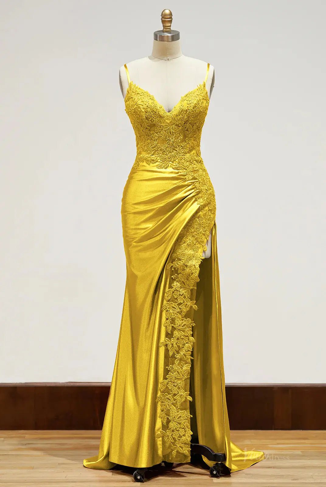 Spaghetti Strap Satin Prom Dresses with Slit, Lace Appliqued Sheath Formal Dresses FD1523B-prom dresses 2025 -Viniodress-Green-Custom Size-