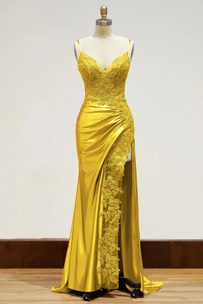 Spaghetti Strap Satin Prom Dresses with Slit, Lace Appliqued Sheath Formal Dresses FD1523B-prom dresses 2025 -Viniodress-Green-Custom Size-