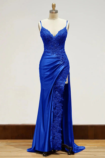 Spaghetti Strap Satin Prom Dresses with Slit, Lace Appliqued Sheath Formal Dresses FD1523B-prom dresses 2025 -Viniodress-Blue-Custom Size-
