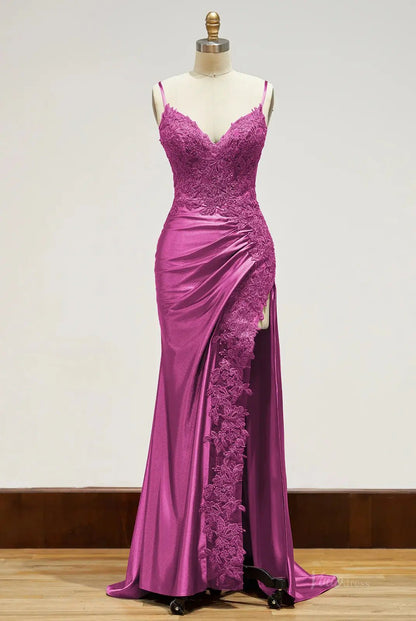 Spaghetti Strap Satin Prom Dresses with Slit, Lace Appliqued Sheath Formal Dresses FD1523B-prom dresses 2025 -Viniodress-Magenta-Custom Size-