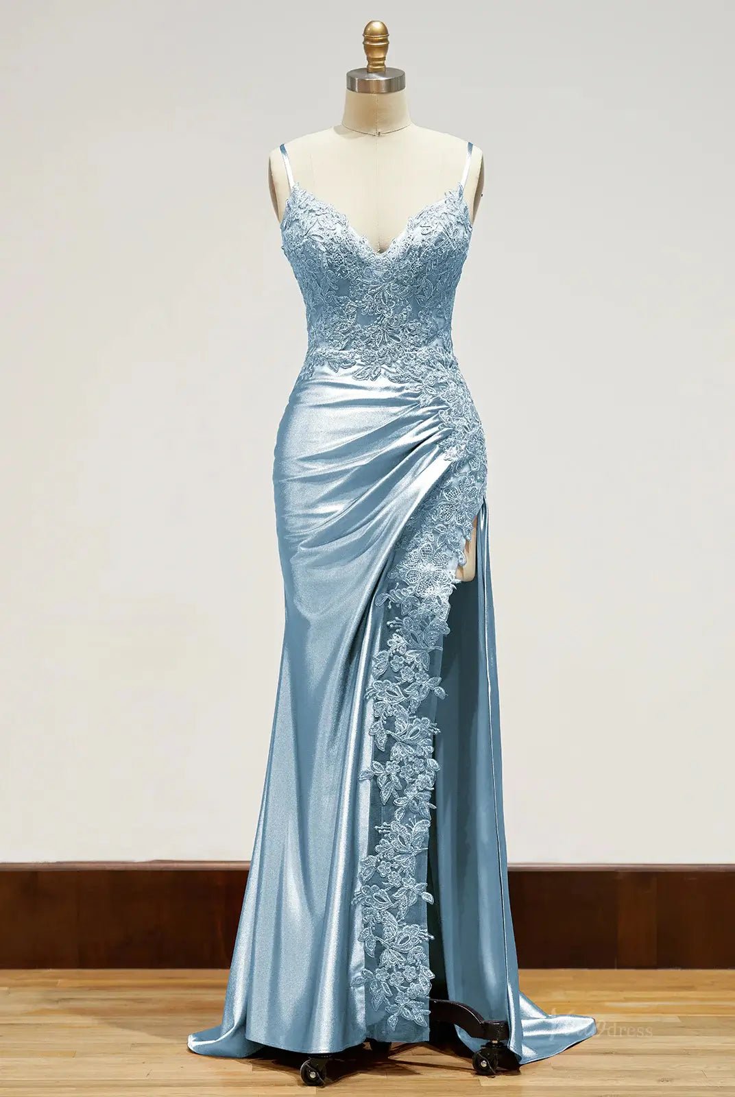 Spaghetti Strap Satin Prom Dresses with Slit, Lace Appliqued Sheath Formal Dresses FD1523B-prom dresses 2025 -Viniodress-Green-Custom Size-