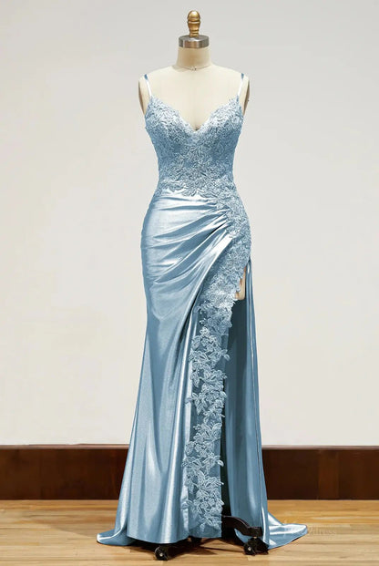 Spaghetti Strap Satin Prom Dresses with Slit, Lace Appliqued Sheath Formal Dresses FD1523B-prom dresses 2025 -Viniodress-Green-Custom Size-