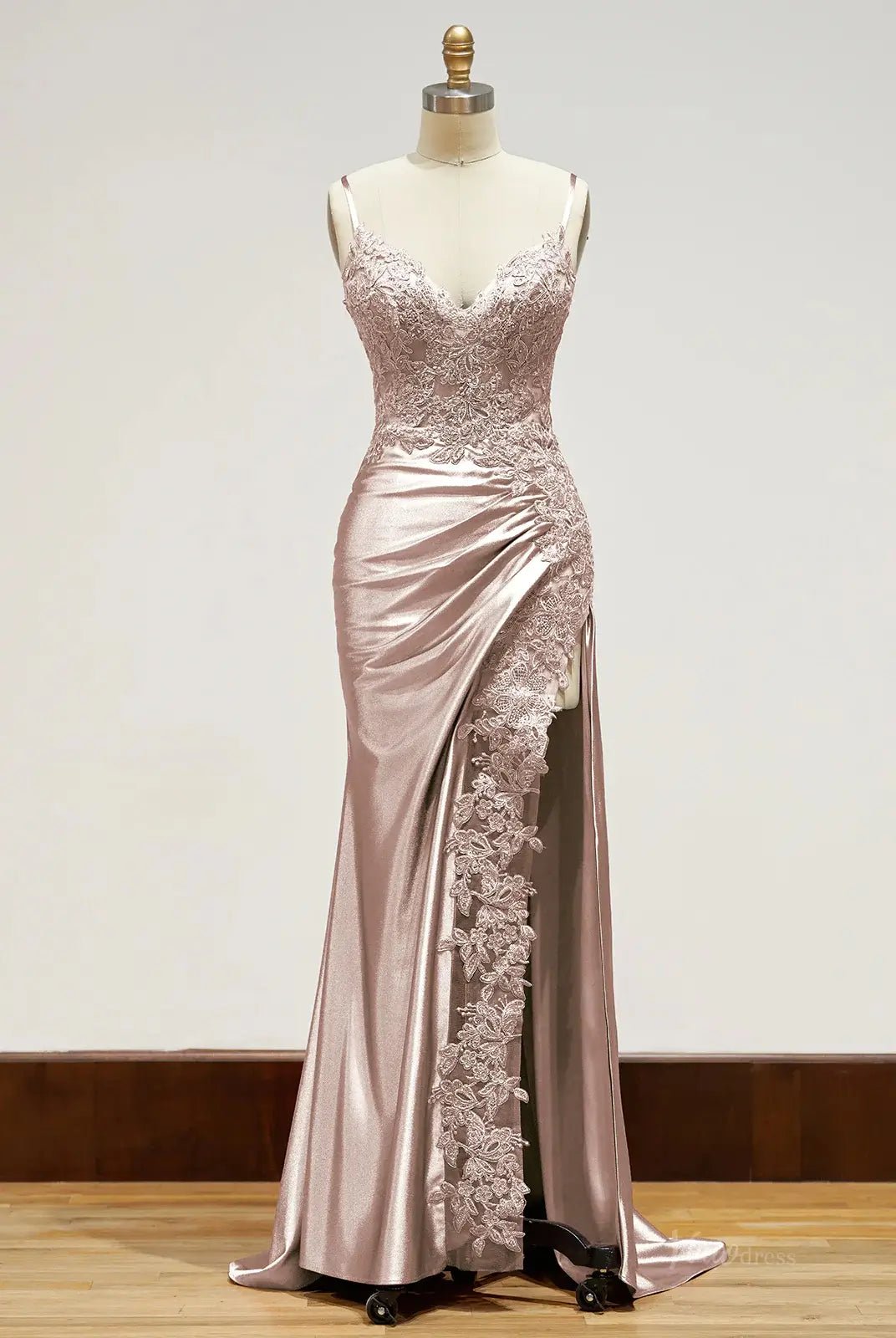 Spaghetti Strap Satin Prom Dresses with Slit, Lace Appliqued Sheath Formal Dresses FD1523B-prom dresses 2025 -Viniodress-Green-Custom Size-