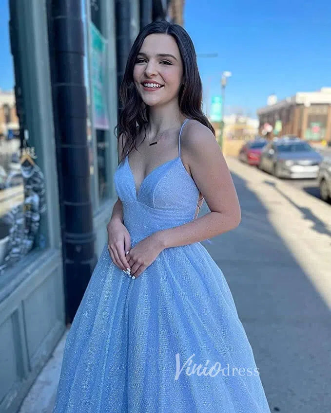 Spaghetti Strap Shimmer Tulle Long Prom Dresses with Pockets FD2016-prom dresses 2025 -Viniodress-As Picture-Custom Size-