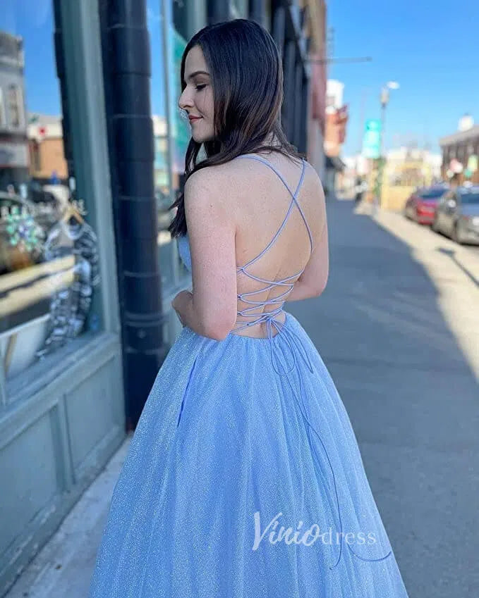 Spaghetti Strap Shimmer Tulle Long Prom Dresses with Pockets FD2016-prom dresses 2025 -Viniodress-As Picture-Custom Size-