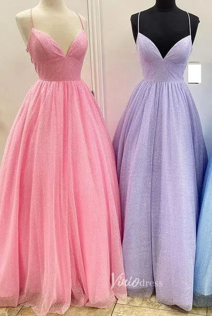 Spaghetti Strap Shimmer Tulle Long Prom Dresses with Pockets FD2016-prom dresses 2025 -Viniodress-As Picture-Custom Size-