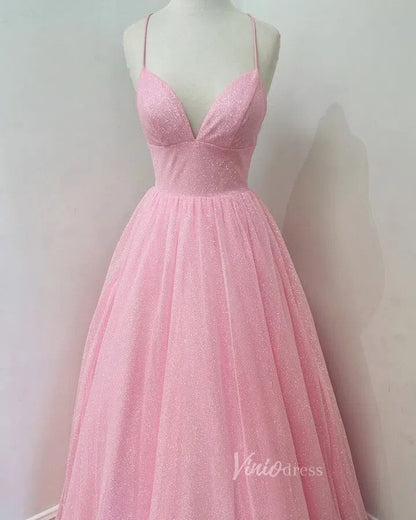 Spaghetti Strap Shimmer Tulle Long Prom Dresses with Pockets FD2016-prom dresses 2025 -Viniodress-As Picture-Custom Size-