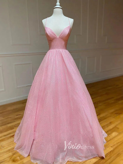 Spaghetti Strap Shimmer Tulle Long Prom Dresses with Pockets FD2016-prom dresses 2025 -Viniodress-As Picture-Custom Size-