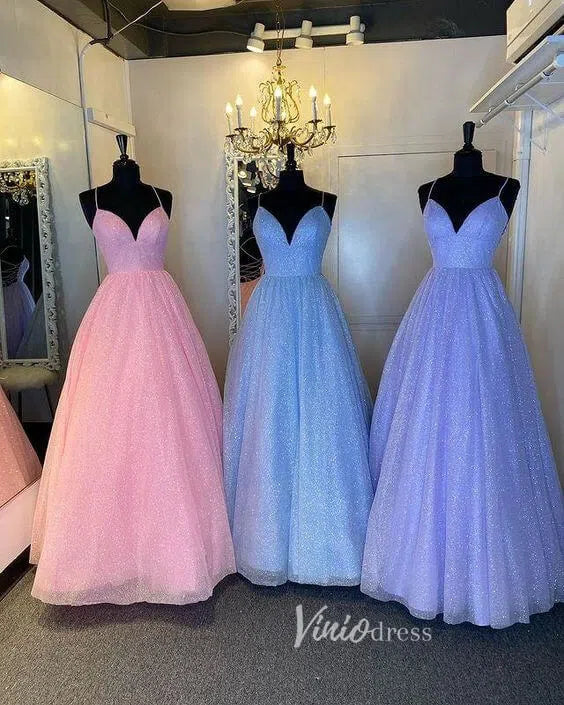 Spaghetti Strap Shimmer Tulle Long Prom Dresses with Pockets FD2016-prom dresses 2025 -Viniodress-As Picture-Custom Size-