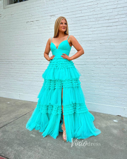Spaghetti Strap Tiered Ruffle Prom Dresses 2024 Sparkly Tulle Formal Dresses FD2993-prom dresses 2025 -Viniodress-Magenta-Custom Size-