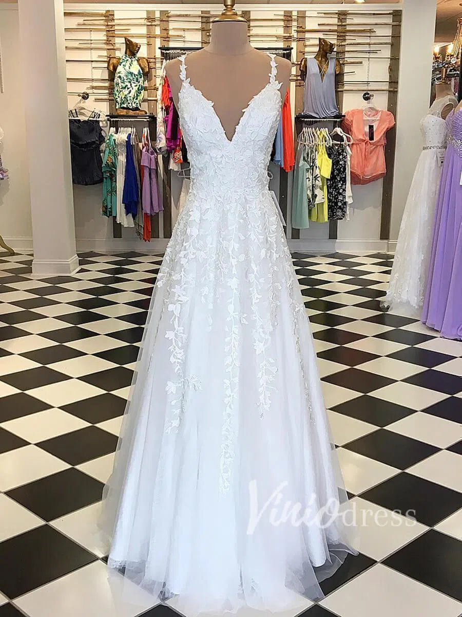 Spaghetti Strap V-neck Prom Dresses A-line Lace Applique Formal Dress FD1348-prom dresses 2025 -Viniodress-Ivory-Custom Size-