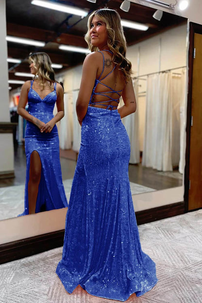 Spaghetti Strap V-neck Sequin Mermaid Prom Dresses with Slit SQ001-prom dresses 2026-Viniodress-Pink-Custom Size-
