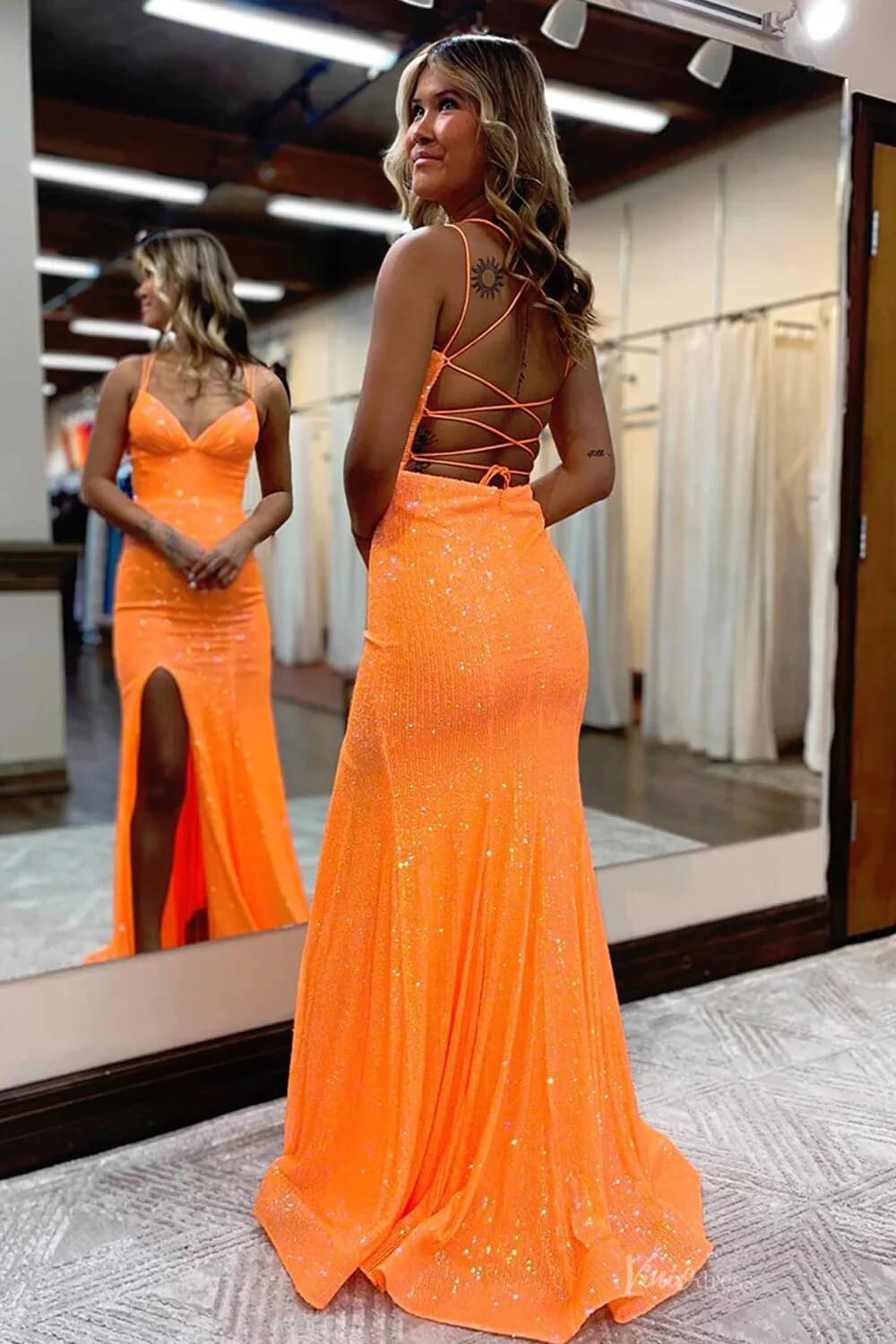 Spaghetti Strap V-neck Sequin Mermaid Prom Dresses with Slit SQ001-prom dresses 2026-Viniodress-Pink-Custom Size-