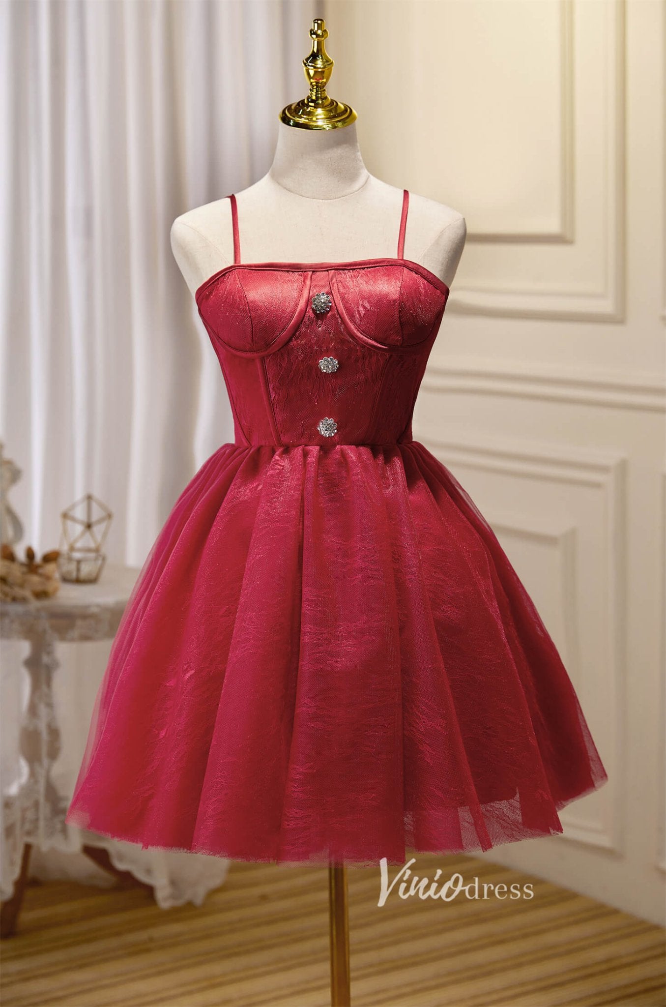 Spaghetti strap Hoco Dresses Tulle A-Line Graduation Dresses SD1541-Dresses 2025 -Viniodress-Burgundy-Custom Size-