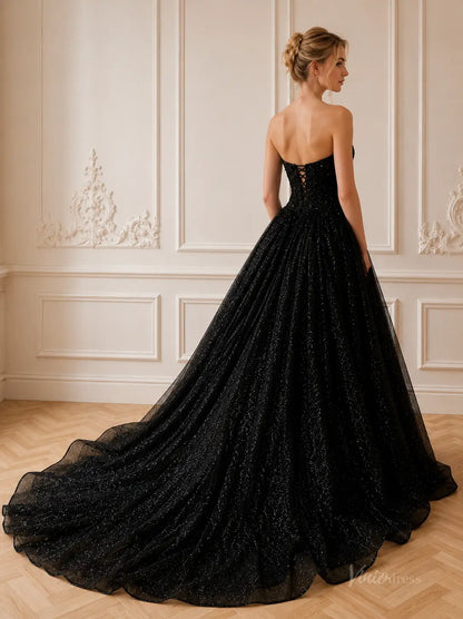 Strapless black glitter tulle ball gown with a corset-style lace-up back and a long, sweeping train.