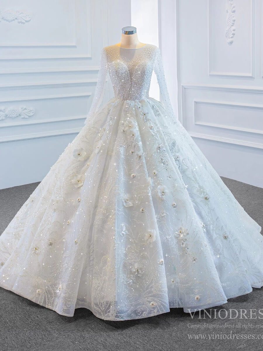 Sparkly 3D Flower Princess Wedding Dresses with Sleeves 67183-wedding dresses 2025 -Viniodress-Ivory-Custom Size-