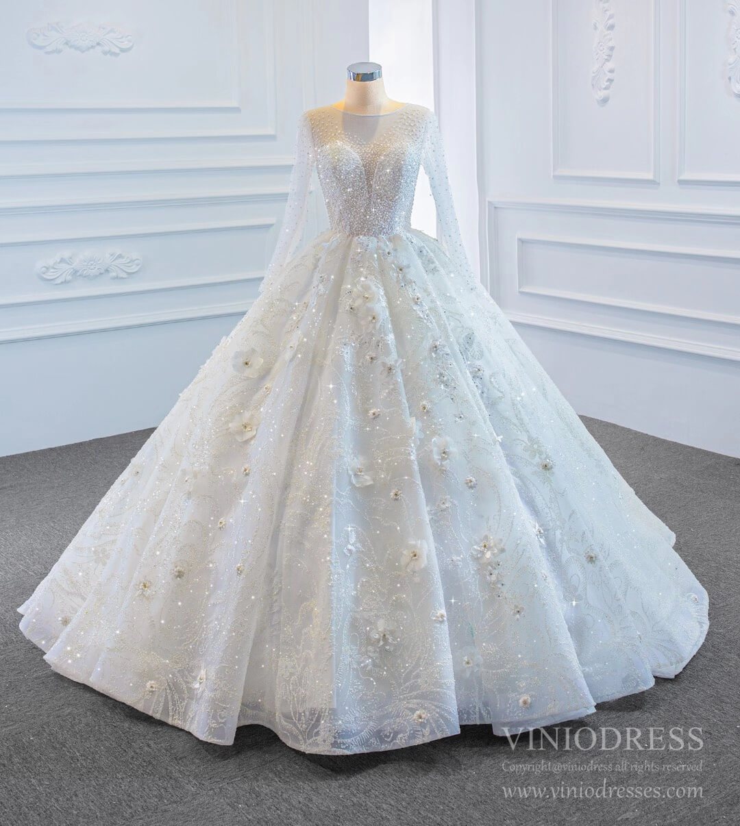 Sparkly 3D Flower Princess Wedding Dresses with Sleeves 67183-wedding dresses 2025 -Viniodress-Ivory-Custom Size-