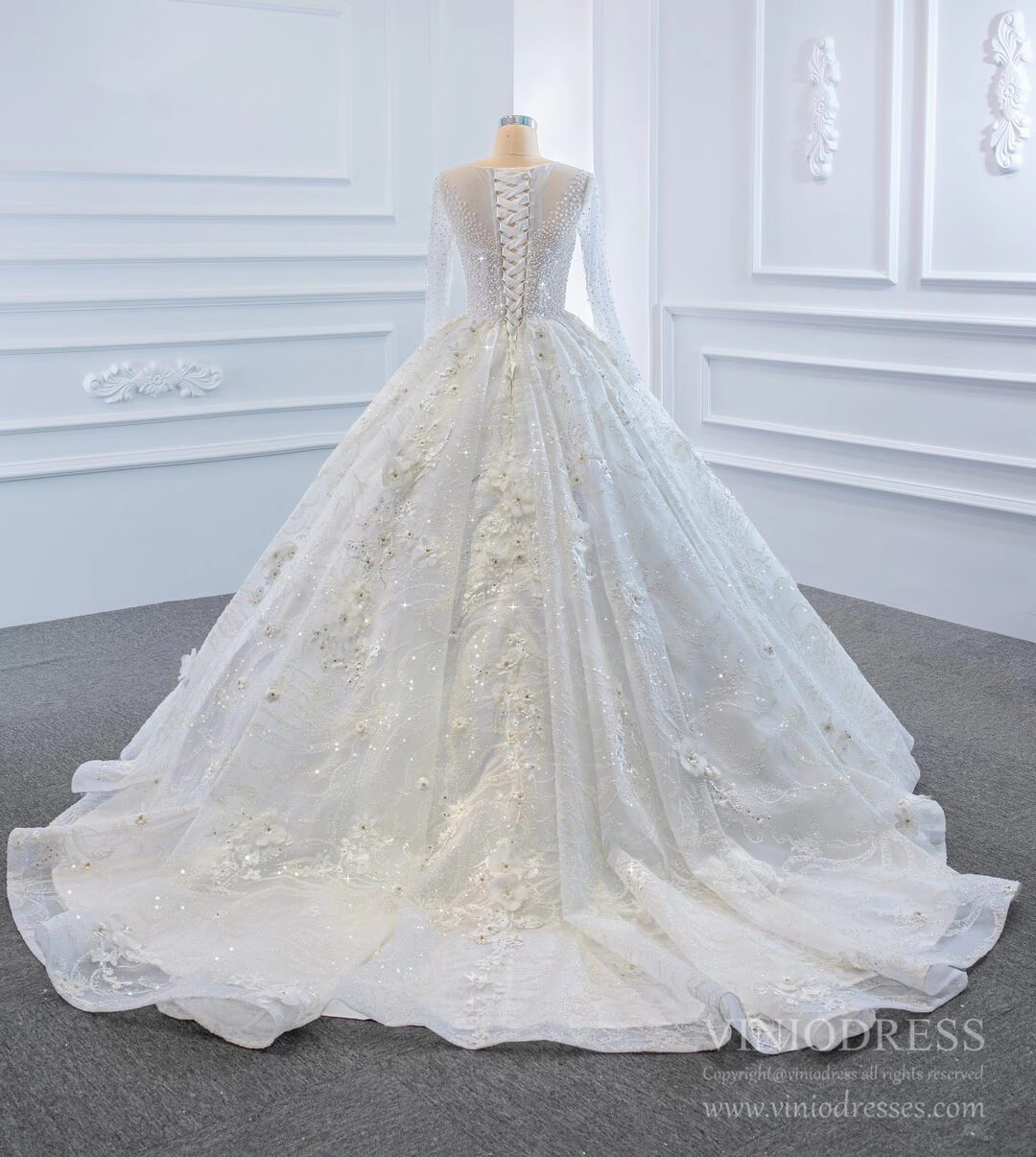 Sparkly 3D Flower Princess Wedding Dresses with Sleeves 67183-wedding dresses 2025 -Viniodress-Ivory-Custom Size-