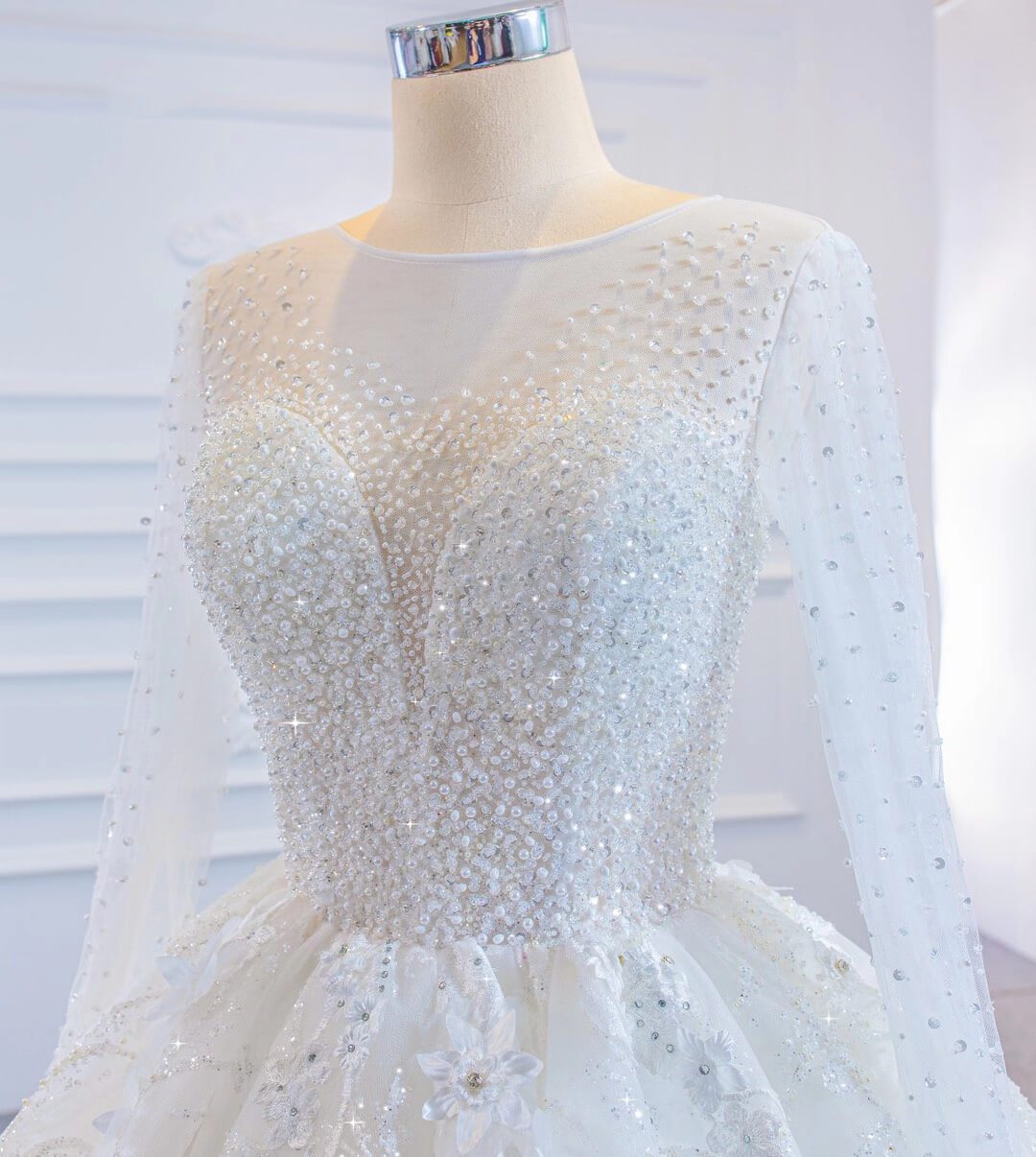 Sparkly 3D Flower Princess Wedding Dresses with Sleeves 67183-wedding dresses 2025 -Viniodress-Ivory-Custom Size-