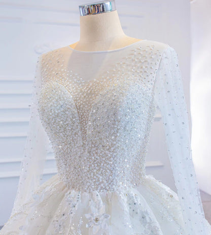 Sparkly 3D Flower Princess Wedding Dresses with Sleeves 67183-wedding dresses 2025 -Viniodress-Ivory-Custom Size-