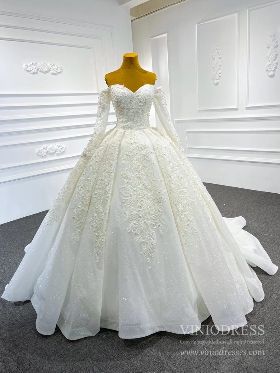 Sparkly Ball Gown Off the Shoulder Long Sleeve Wedding Dresses 67162D-wedding dresses 2025 -Viniodress-As Picture-Custom Size-