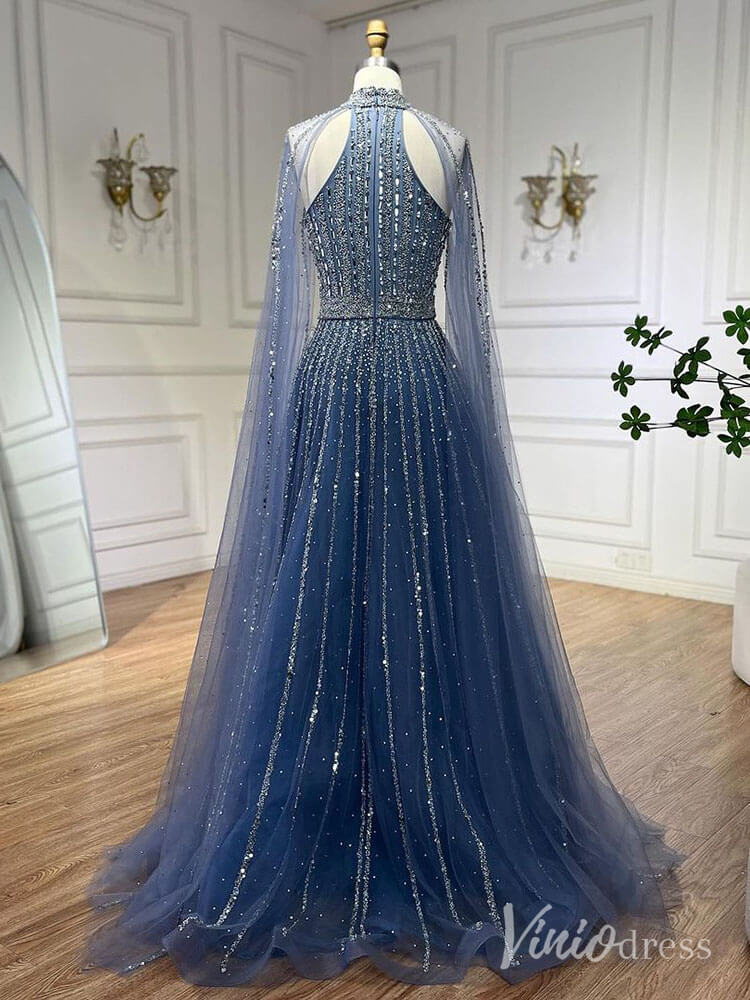Sparkly Beaded Cape Sleeve Prom Dresses High Neck Pageant Dress AD1252-Evening Dresses 2025 -Viniodress-Red-US 2-