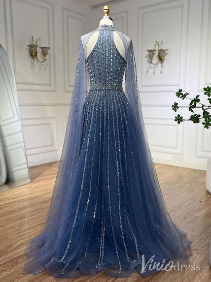 Sparkly Beaded Cape Sleeve Prom Dresses High Neck Pageant Dress AD1252-Evening Dresses 2025 -Viniodress-Red-US 2-