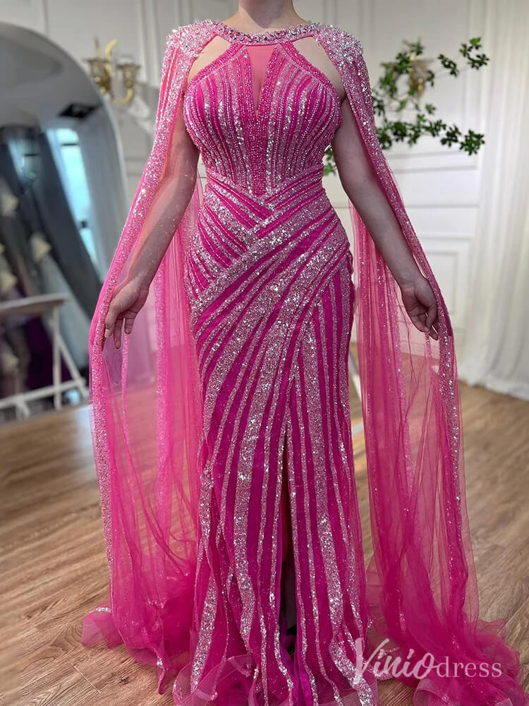 Sparkly Beaded Mermaid Prom Dresses Cape Sleeve Pageant Dress AD1229-Evening Dresses 2025 -Viniodress-Lavender-US 2-