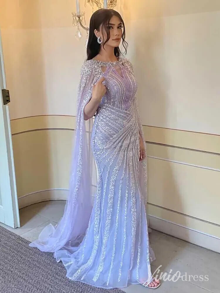 Sparkly Beaded Mermaid Prom Dresses Cape Sleeve Pageant Dress AD1229-Evening Dresses 2025 -Viniodress-Lavender-US 2-