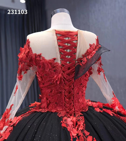 Sparkly Black Ruffle Ball Gown Wedding Dresses Red Lace Appliqued Quince Dress 231103-Quinceanera Dresses 2025 -Viniodress-Black-Custom Size-