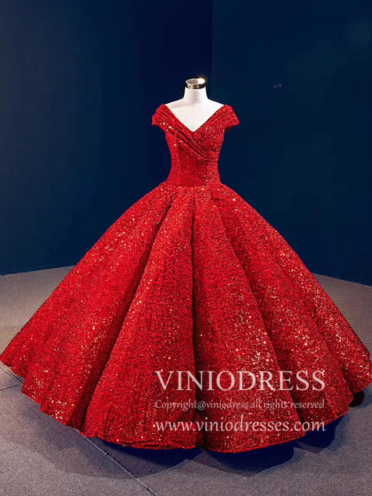 Sparkly Black Sequin Ball Gown Wedding Dress Sweet 16 Dresses 66567 viniodress-prom dresses 2025 -Viniodress-Red-Custom Size-