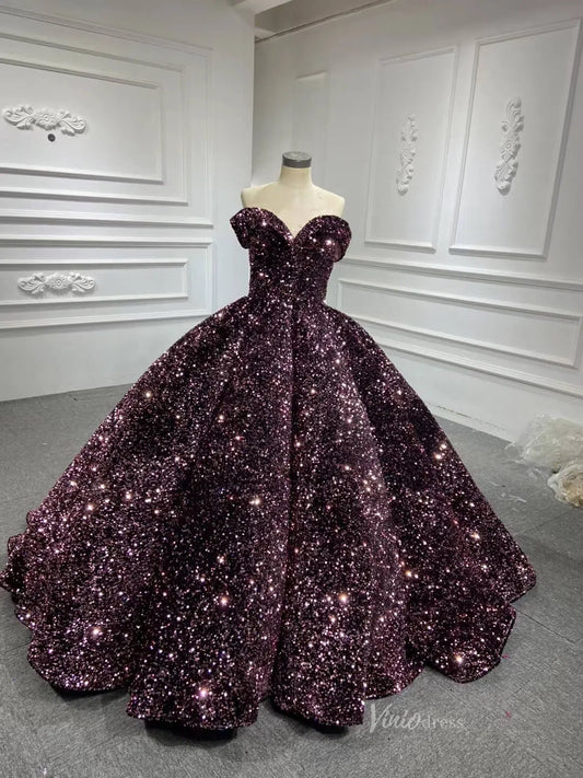 Sparkly Blue Sequin Sweet 16 Dresses Cinderella Ball Gown 66991 Sweep Train-wedding dresses 2025 -Viniodress-Pink-Custom Size-