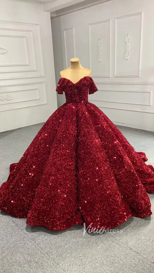 Sparkly Blue Sequin Sweet 16 Dresses Cinderella Ball Gown 66991 Sweep Train-wedding dresses 2025 -Viniodress-Red-Custom Size-