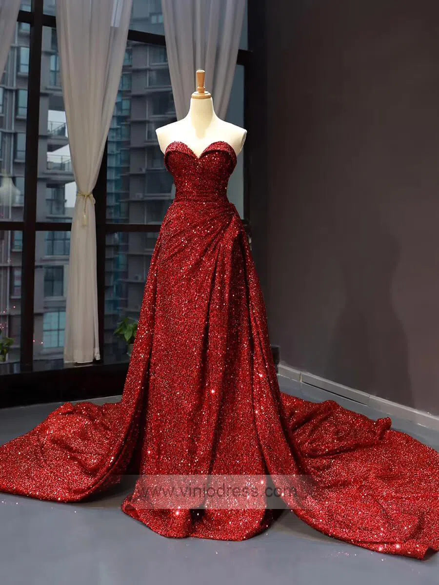 Sparkly Burgundy Long Prom Dresses Strapless Formal Dress FD1197-prom dresses-Viniodress-Rose Red-US 2-Viniodress