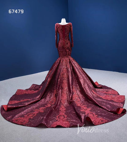 Sparkly Burgundy Mermaid Wedding Dresses with Long Sleeves 67479 viniodress-wedding dresses 2025 -Viniodress-Burgundy-Custom Size-