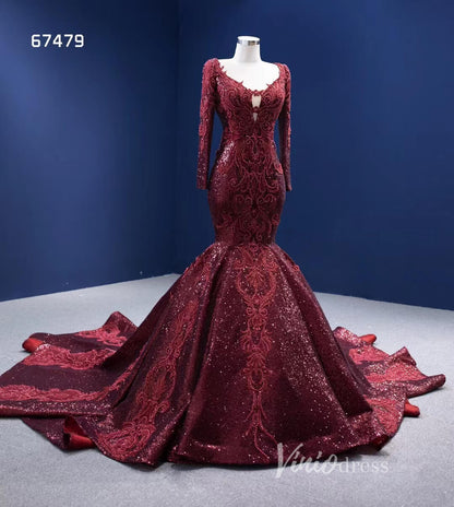 Sparkly Burgundy Mermaid Wedding Dresses with Long Sleeves 67479 viniodress-wedding dresses 2025 -Viniodress-Burgundy-Custom Size-