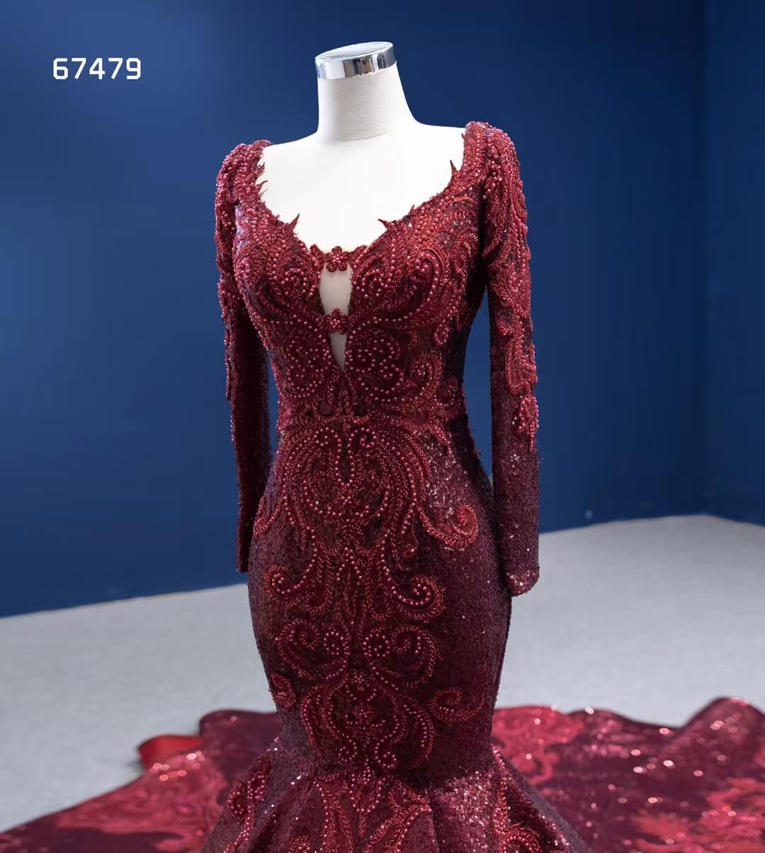 Sparkly Burgundy Mermaid Wedding Dresses with Long Sleeves 67479 viniodress-wedding dresses 2025 -Viniodress-Burgundy-Custom Size-