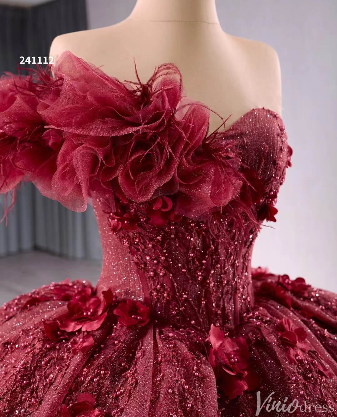 Sparkly Burgundy Red Ball Gown Wedding Dresses One Shoulder Quinceanera 241112-Quinceanera Dresses 2025 -Viniodress-Red-Custom Size-