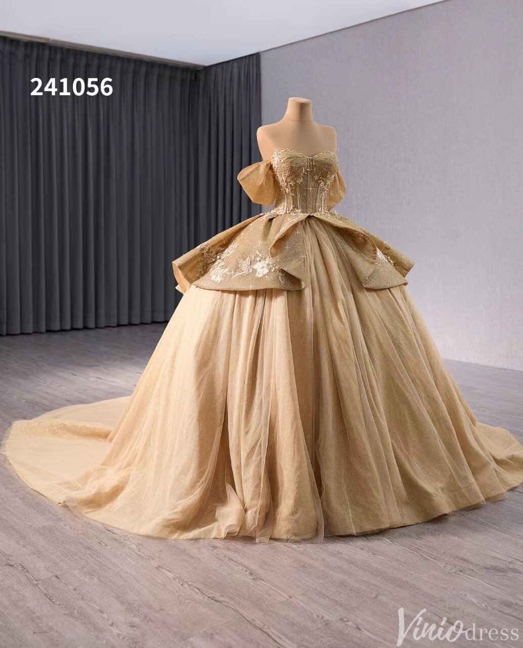 Sparkly Champagne Lace Applique Wedding Gown Off the Shoulder Quinceanera Dress 241056-Quinceanera Dresses 2025 -Viniodress-Champagne-Custom Size-