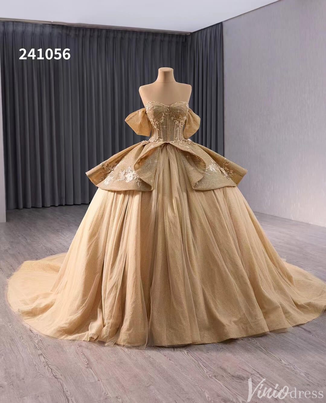 Sparkly Champagne Lace Applique Wedding Gown Off the Shoulder Quinceanera Dress 241056-Quinceanera Dresses 2025 -Viniodress-Champagne-Custom Size-
