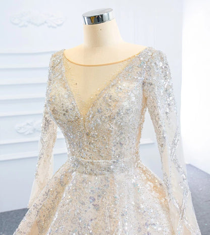 Sparkly Champagne Wedding Dresses with Long Sleeve VW1787-wedding dresses 2025 -Viniodress-Champagne-Custom Size-