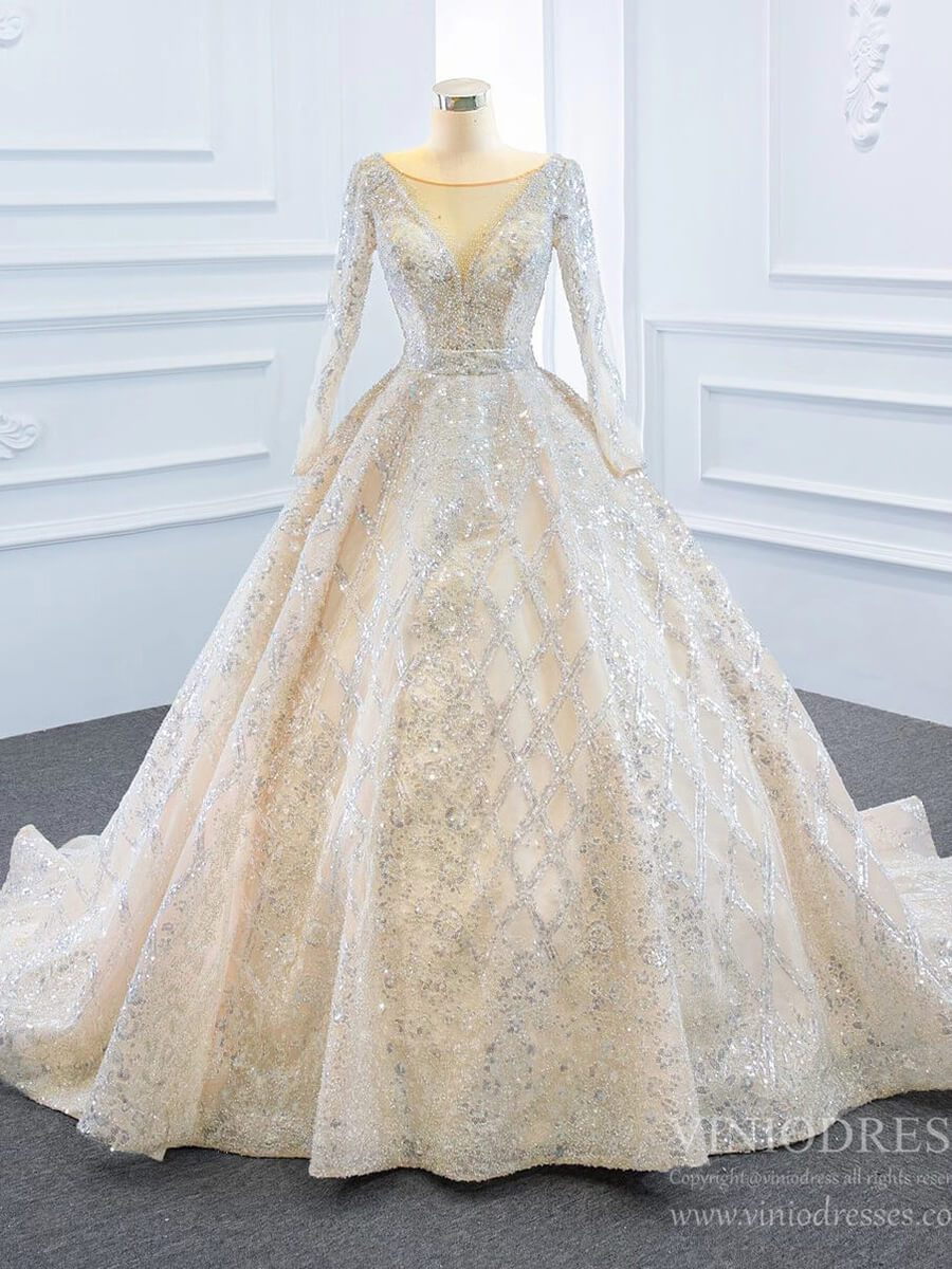 Sparkly Champagne Wedding Dresses with Long Sleeve VW1787-wedding dresses 2025 -Viniodress-Champagne-Custom Size-