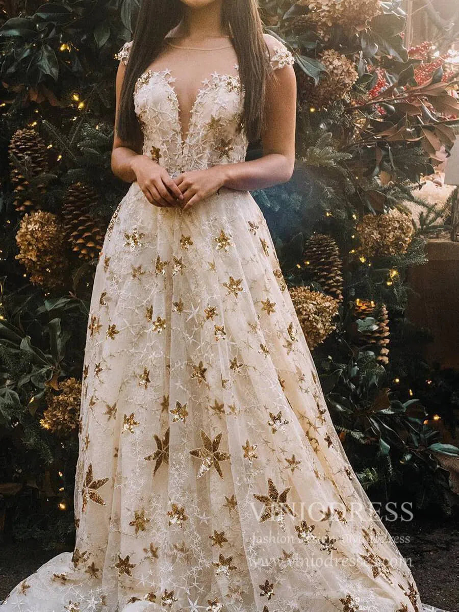 Sparkly Chic Star Sequin Lace Gold Prom Dresses Long Cap Sleeves FD1748-prom dresses 2025 -Viniodress-Champagne-Custom Size-