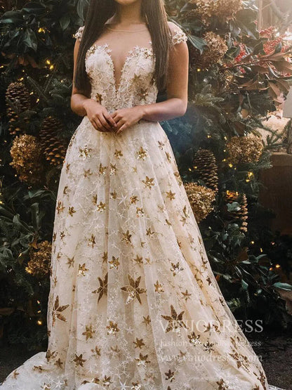 Sparkly Chic Star Sequin Lace Gold Prom Dresses Long Cap Sleeves FD1748-prom dresses 2025 -Viniodress-Champagne-Custom Size-