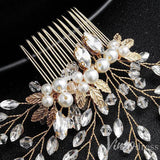 Sparkly Crystal Sprig Gold Wedding Comb with Pearl ACC1156-Headpieces-Viniodress-Gold-Viniodress