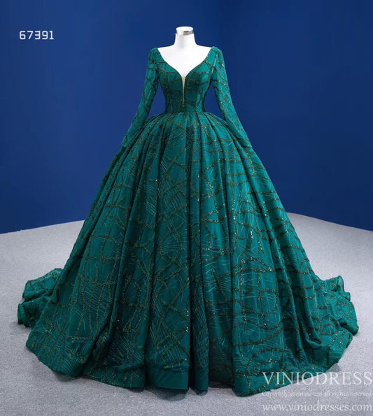 Sparkly Emerald Green Wedding Dress Long Sleeve Formal Gown 67391 viniodress-Quinceanera Dresses 2025 -Viniodress-Emerald Green-Custom Size-